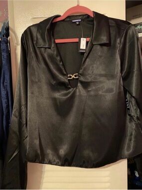 NWT. Express Women's Black Satin Long-Sleeve Top w Gold Hardware. Size XL